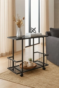 Fuji Yan Sehpa - Tekerlekli Siyah Metal Gövdeli Füme Cam Üst Tablalı Yan Sehpa - Servis Sehpası